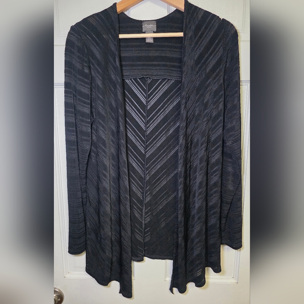 Travelers by Chico Draped Flare Front Sheer Striped Cardigan- Size 1 (Med) Black
